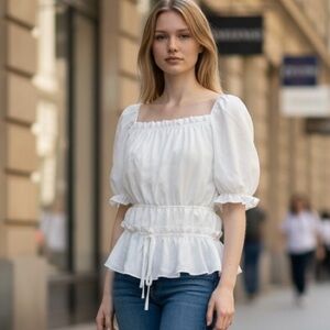 Shinestar Short-sleeved Blouse Square Neckline Smocked Cinched Waist Tie Large